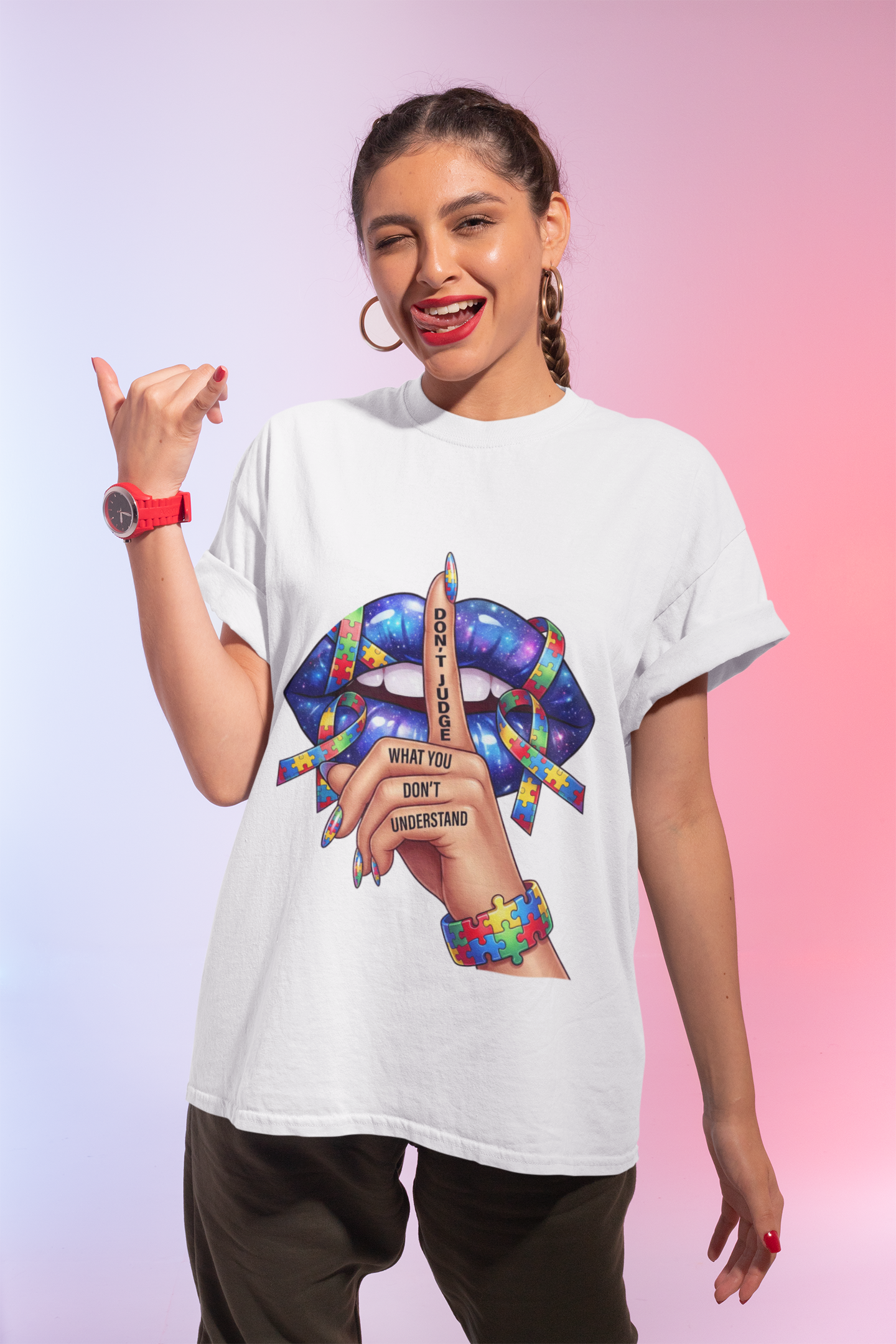 Don't Judge, Autism Awareness TShirt | Shh Lips | Colorful Graphic Tee